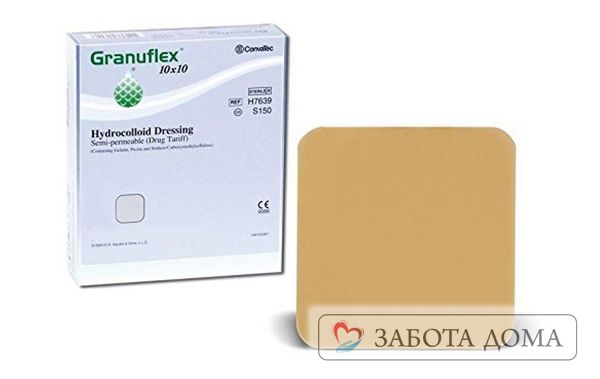 Грануфлекс с окантовкой при контакте с выделениями из раны создаёт влажный микроклимат, способствующий ускоренной регенерации тканей, абсорбции гноя и очищению раны Грануфлекс